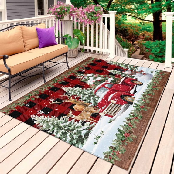 Christmas Truck Outdoor Rug 5x7 Ft, Non Slip Washable Area Rug, Farmhouse Xmas Tree Red Buffalo Plaid Patio Rugs Carpet Runner, Large Floor Mat for Indoor/Outdoor Deck Porch Camping