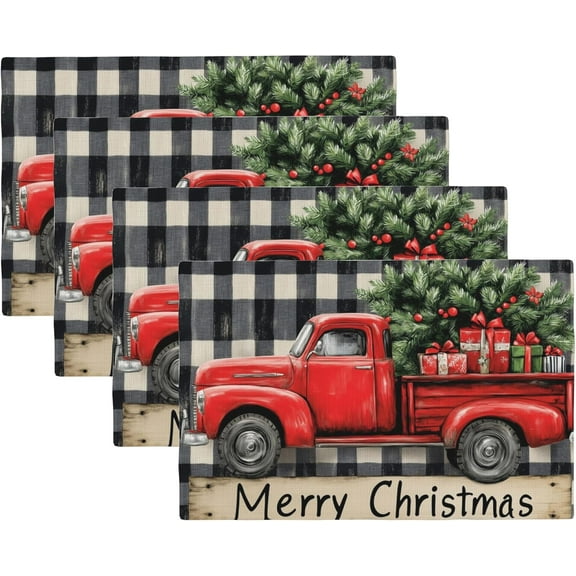 Christmas Truck Placemats Set of 4,Merry Christmas Placemats for Dining Table,Heat Resistant Stain Resistant Wipeable Table Mats for Kitchen Dining Holiday Party Home Decor,12x18 Inch