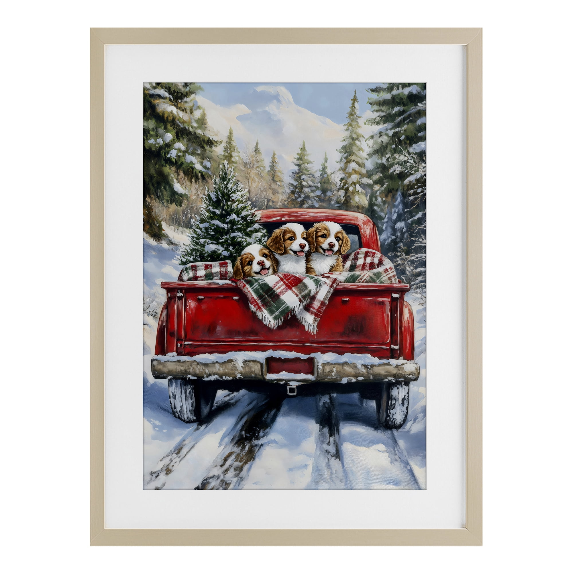 Christmas Truck Pups Trio Birch Framed Print Under Glass, design by Petal Prints Design