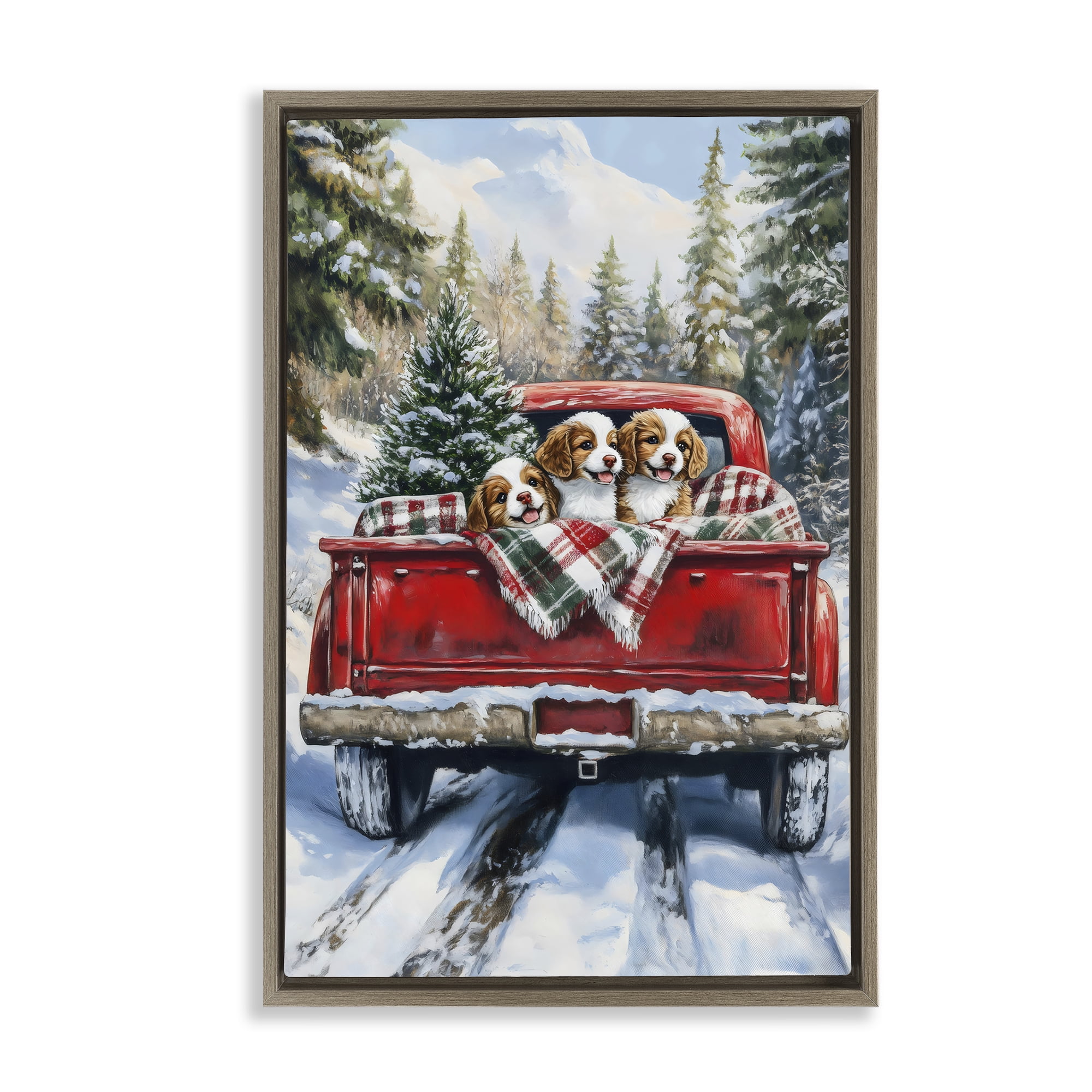 Christmas Truck Pups Trio Brown Framed Floater Canvas Wall Art, design by Petal Prints Design