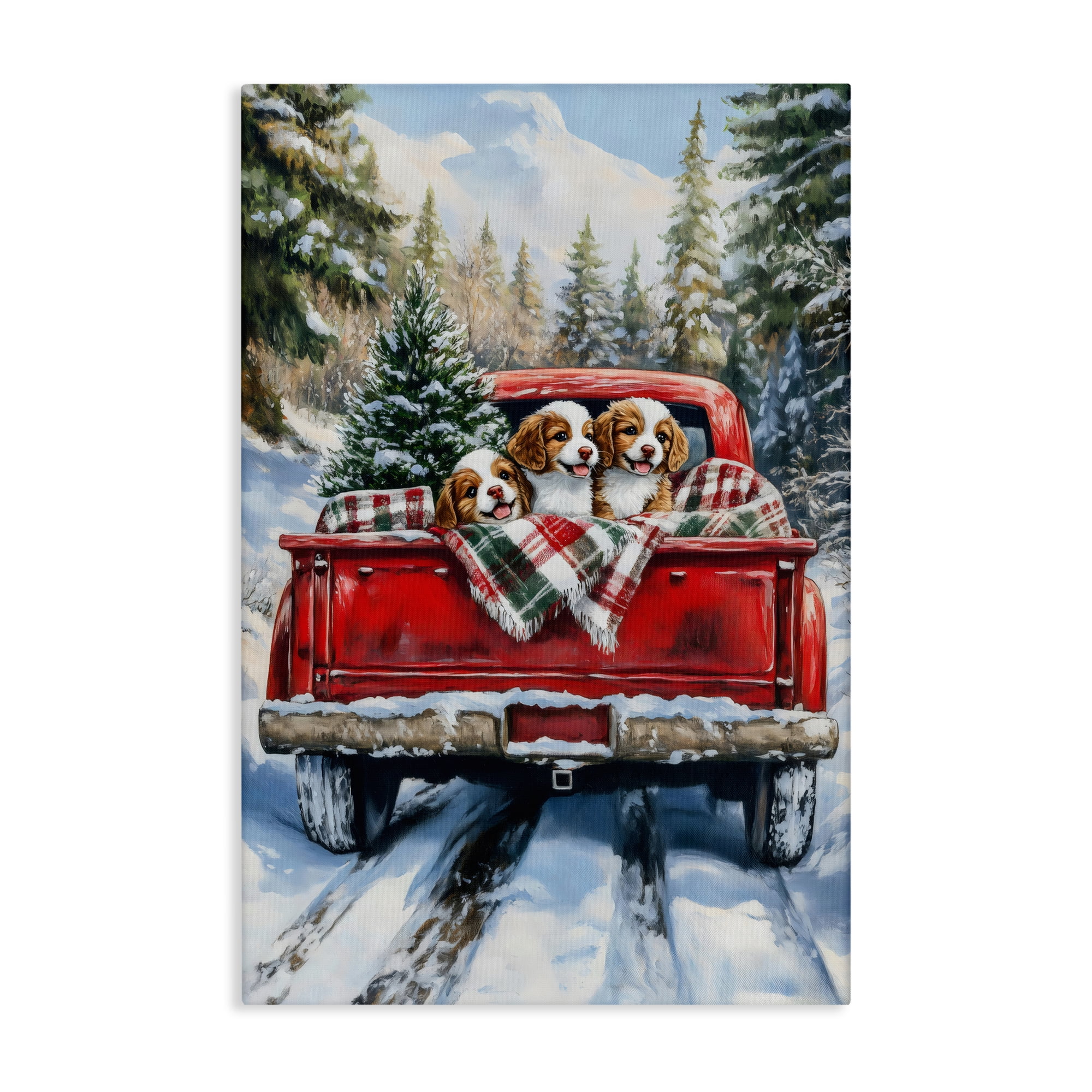 Christmas Truck Pups Trio Canvas Wall Art, design by Petal Prints Design