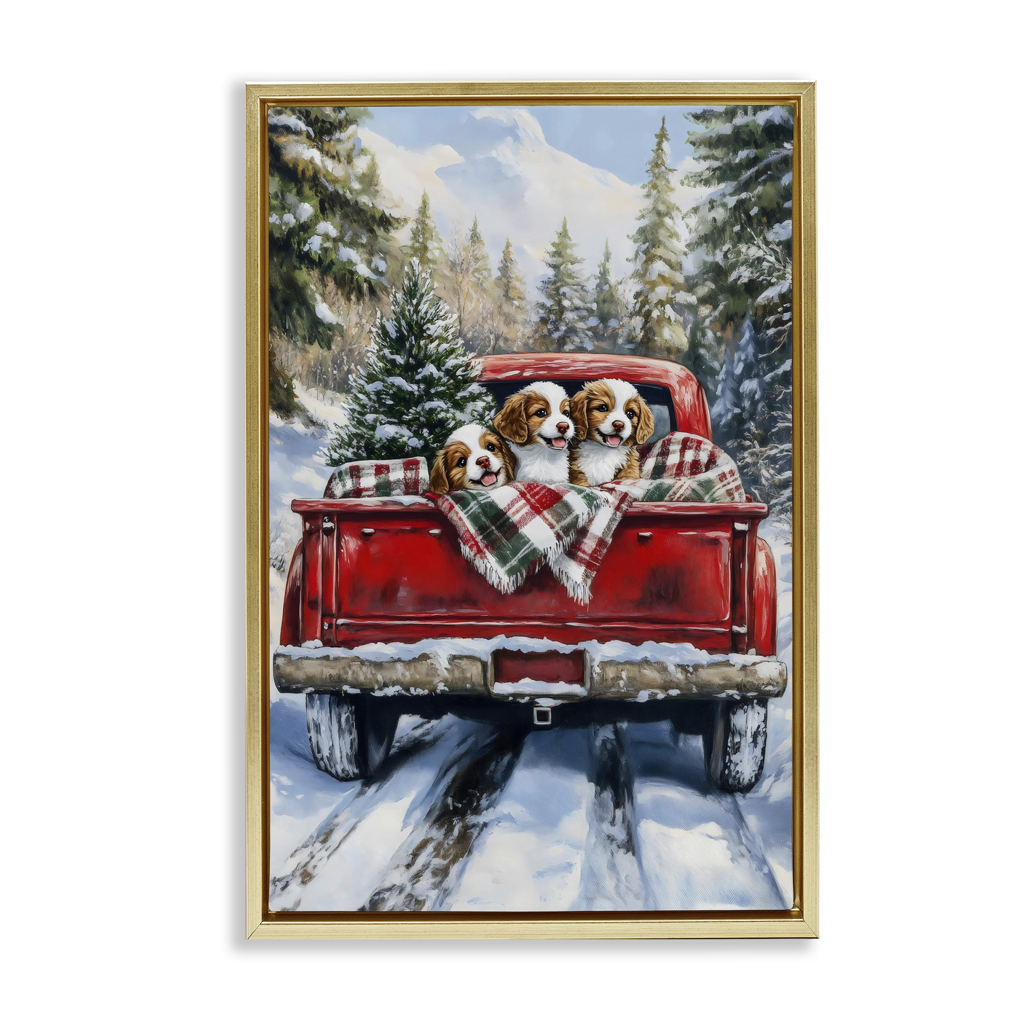 Christmas Truck Pups Trio Gold Framed Floater Canvas Wall Art, design by Petal Prints Design