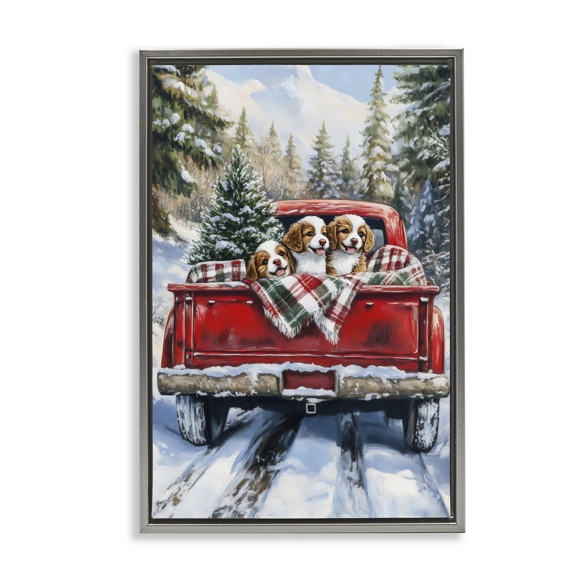 Christmas Truck Pups Trio Gray Framed Floater Canvas Wall Art, design by Petal Prints Design