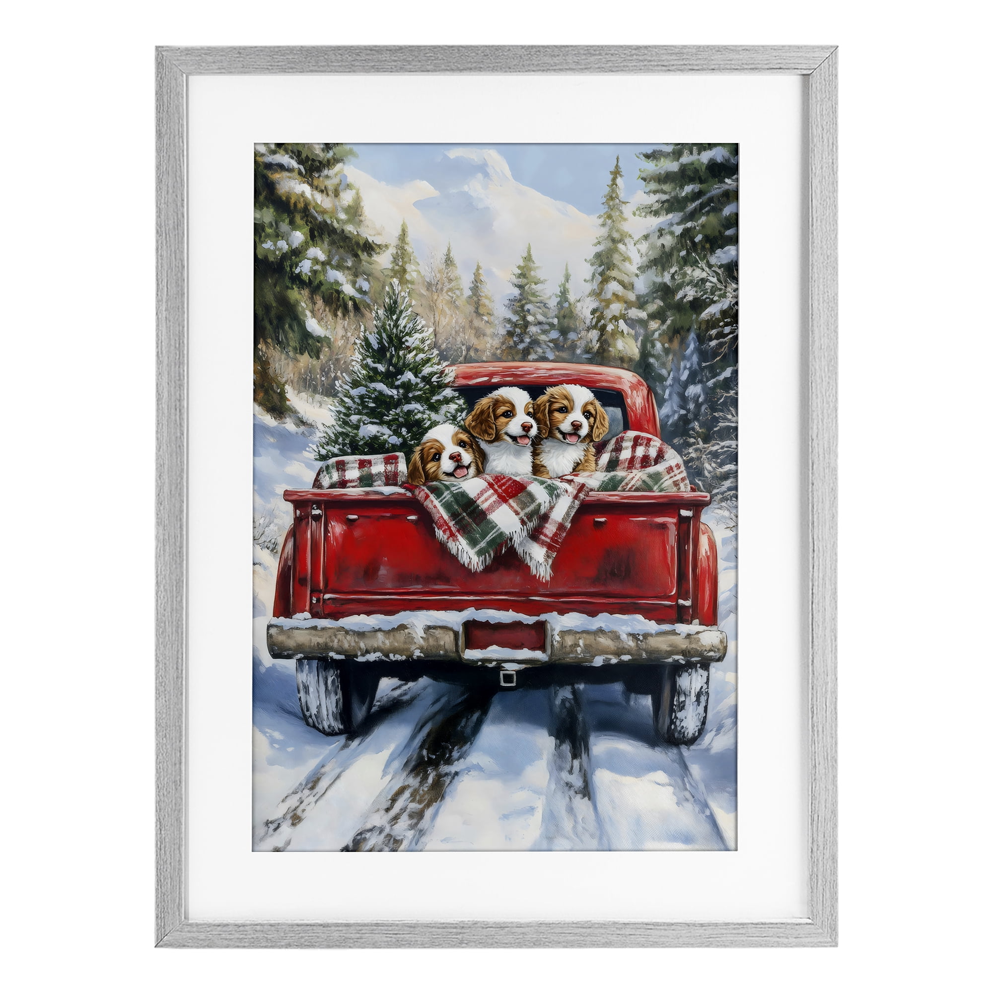Christmas Truck Pups Trio Gray Framed Print Under Glass, design by Petal Prints Design