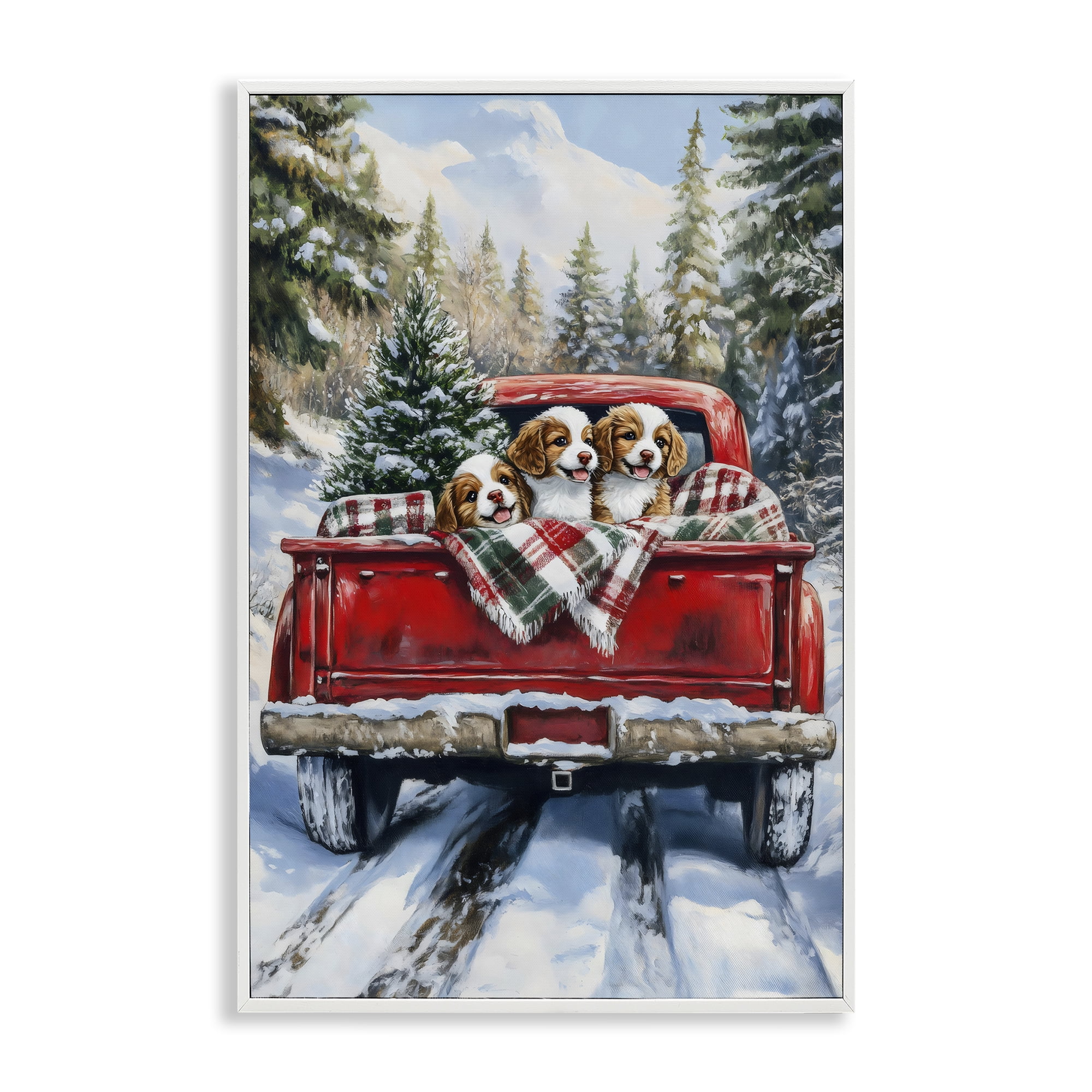 Christmas Truck Pups Trio White Framed Giclee Art, design by Petal Prints Design