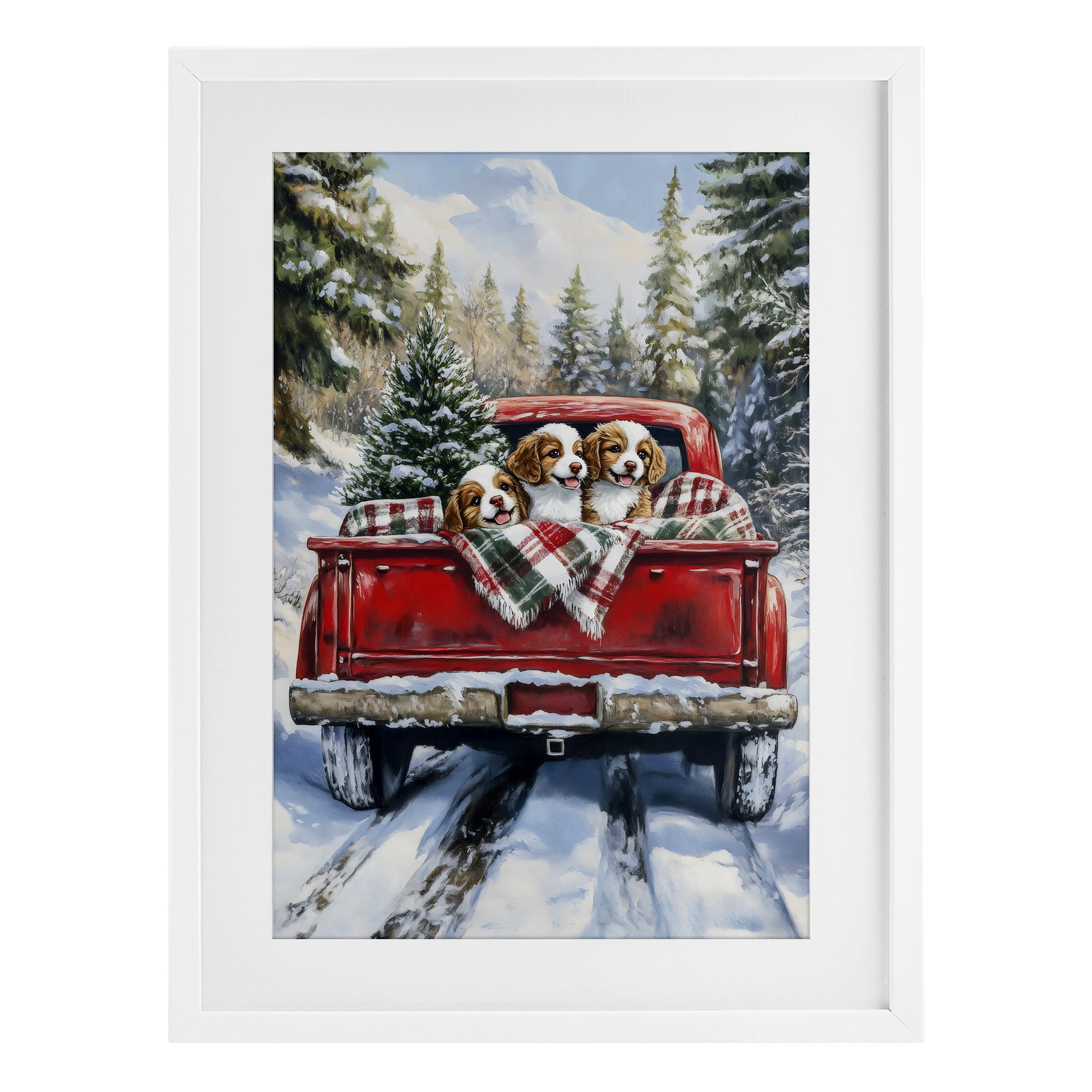 Christmas Truck Pups Trio White Framed Print Under Glass, design by Petal Prints Design