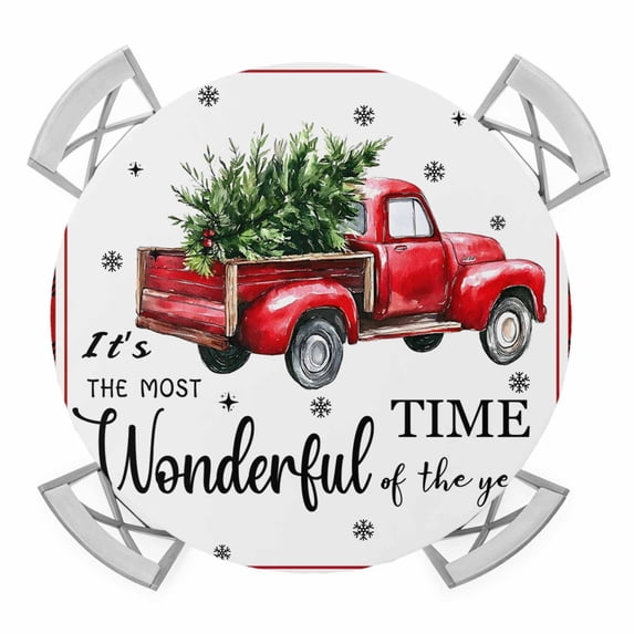 Christmas Truck Round Tablecloth for 36-44 Inch Tables,Fitted Table Cover with Elastic Edge,Buffalo Plaid Xmas Pine Tree Snowflakes Waterproof Outdoor Table Cloth Protector for Patio Garden Dinner
