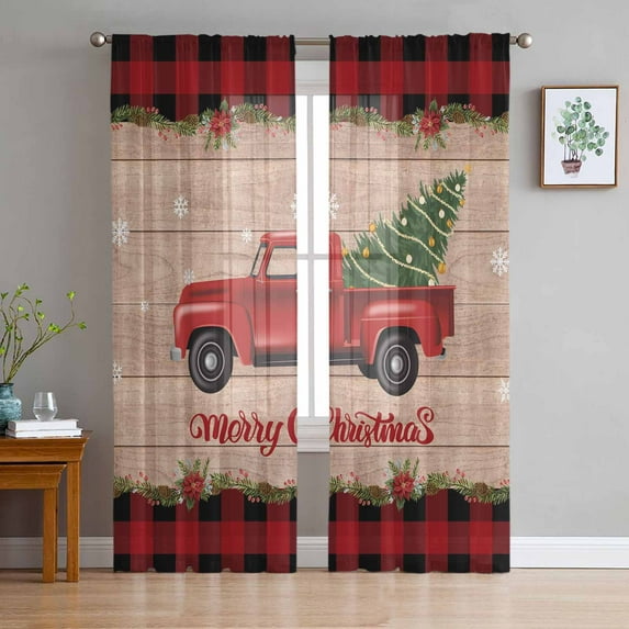 Christmas Truck Sheer Curtains 84 Inches Long, Winter Xmas Tree Farmhouse Snowflake Plaid Light Filtering Window Curtains for Living Room, Rod Pocket Voile Sheer Curtain Drapes, 52"Wx84"L, 2 Panels