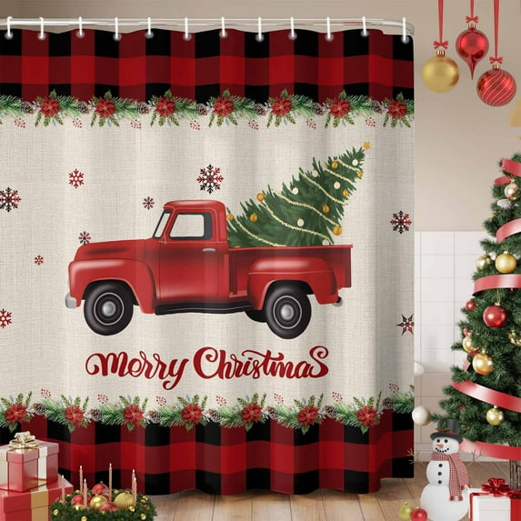 Christmas Truck Shower Curtain, Red Black Plaid Xmas Tree Snowflake Burlap Waterproof Fabric Shower Curtains with 12 Hooks, Bathroom Curtain Set for Bathroom Accessories Decor, 72 x 84 Inches