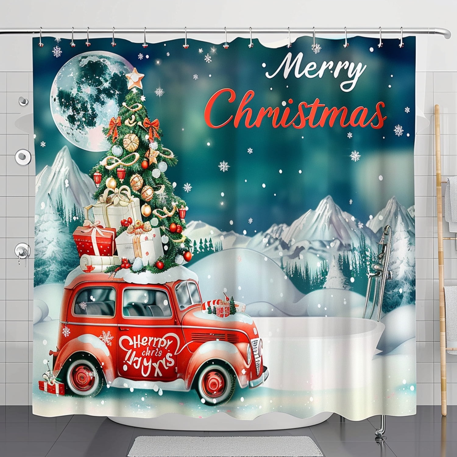 Christmas Truck Shower Curtain Set Vintage Retro Holiday Design with Presents and Festive