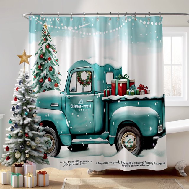 Christmas Truck Shower Curtain Turquoise Blue Holiday Decor with