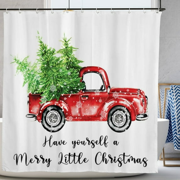 Christmas Truck Shower Curtain Vintage Farmhouse Red Truck with Snowflake Pine Tree Merry Christmas Holiday Decor 72x72 In
