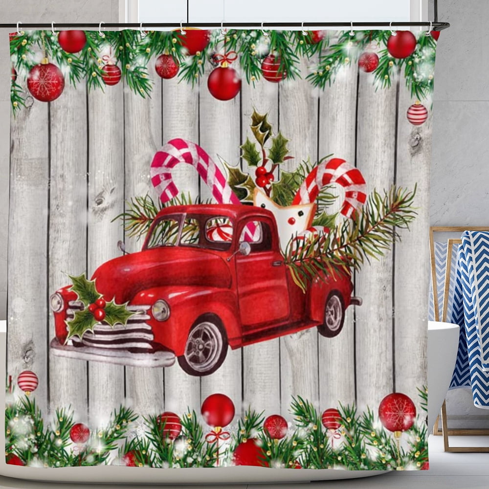 Christmas Truck Shower Curtain Xmas Balls Tree Rustic Red Car Farmhouse Vintage Pine Twig Winter