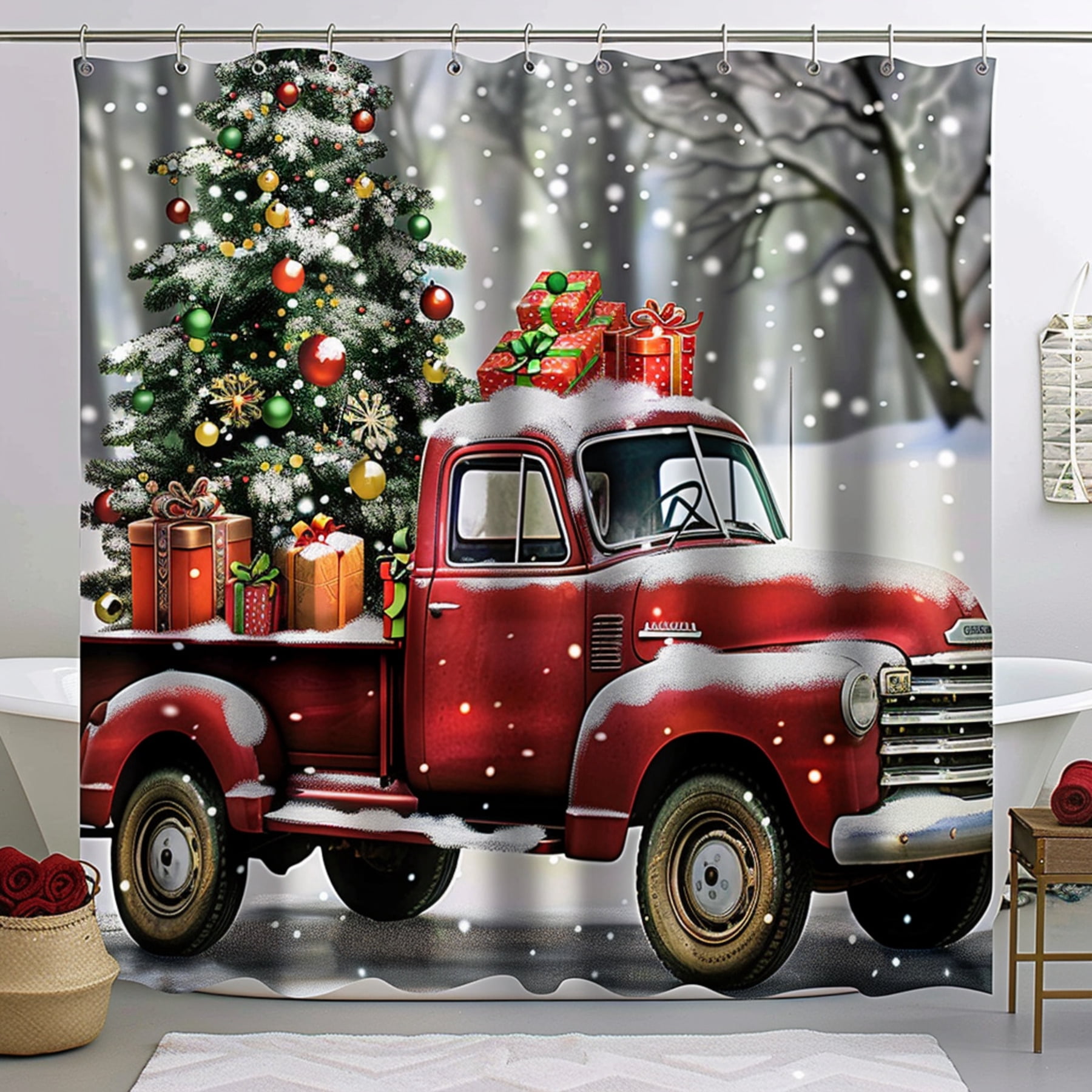 Christmas Truck Shower Curtain with Presents and Tree Design Festive Holiday Bathroom Decor