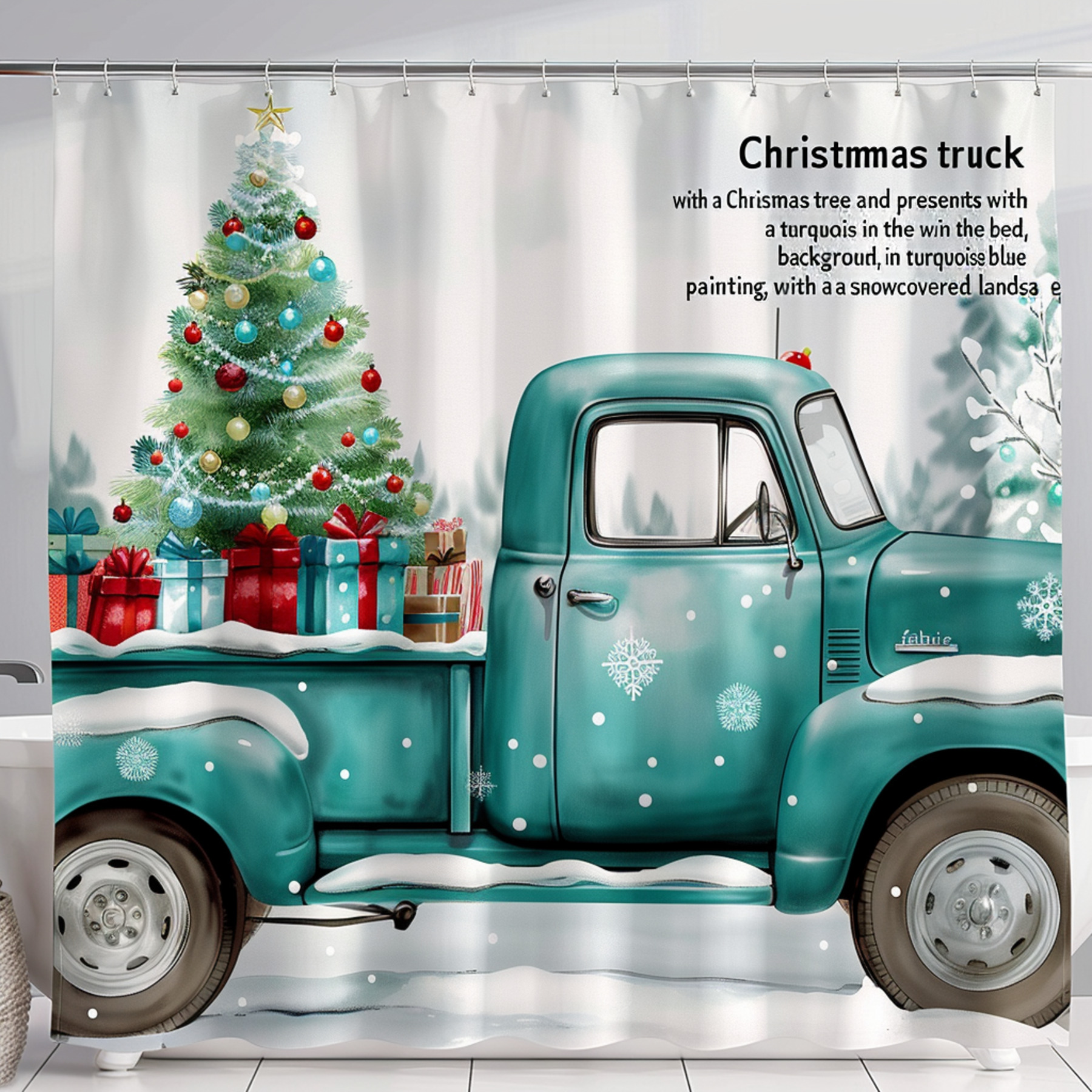Christmas Truck Shower Curtain with Tree & Presents on Turquoise