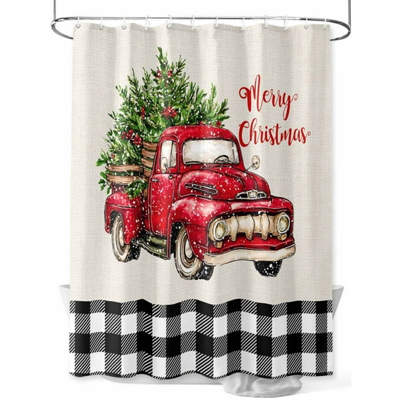 Christmas Truck Small Stall Shower Curtain, Waterproof Shower Curtains for Bathroom, Vintage Xmas Red Black Buffalo Plaid Washable Fabric Cloth Bath Curtain for Bathtub with Hooks 36x78 Inches