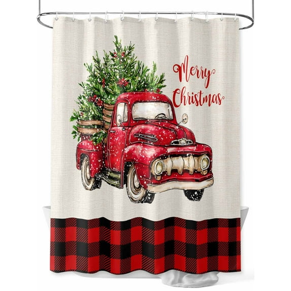 Christmas Truck Small Stall Shower Curtain, Waterproof Shower Curtains for Bathroom, Vintage Xmas Red Buffalo Plaid Washable Fabric Cloth Bath Curtain for Bathtub Decoration with Hooks 36x78 Inches