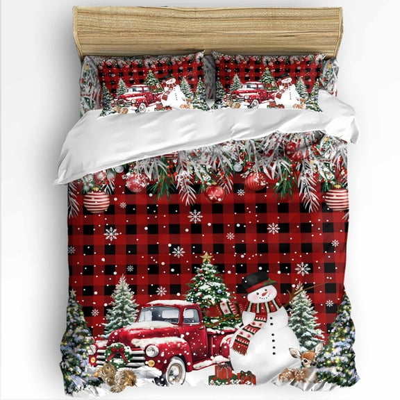 Christmas Truck Snowman Twin Size Comforter Set, Xmas Ball Snowflakes Red Plaid Soft Bedding for All Seasons, 4 Pcs Bed Set with 1 Comforter (68"x86") ,1Sheet(66"x116"), 2 Pillowcases (19"x29")