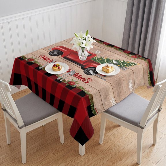 Christmas Truck Table Cloth Waterproof Tablecloths, Winter Xmas Tree Farmhouse Snowflake Plaid Tablecloth Dining Table Cover for Kitchen Party Tabletop Outdoor, Square Tablecloth 60x60 Inch
