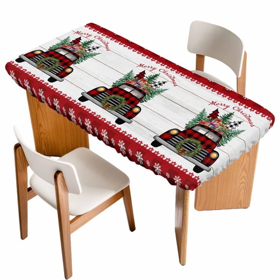 Christmas Truck Table Cloths for 3 Foot Rectangle Tables, Xmas Snowflakes Winter Plaid Tree Wooden Patio Waterproof Elastic Fitted Tablecloths, Washable Rectangular Table Cover for Camping