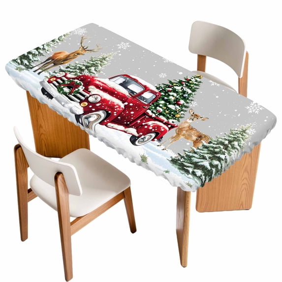 Christmas Truck Table Cloths for 5 Foot Rectangle Tables, Winter Snowflakes Xmas Tree Deer Grey Patio Waterproof Elastic Fitted Tablecloths, Washable Rectangular Table Cover for Camping