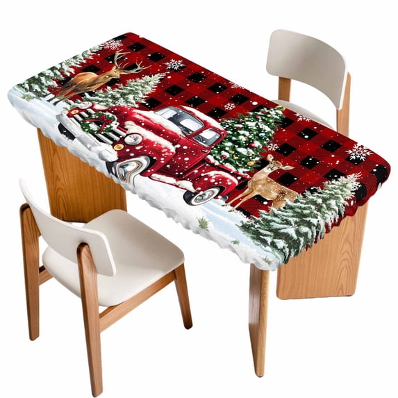 Christmas Truck Table Cloths for 6 Foot Rectangle Tables, Winter Snowflakes Xmas Tree Deer Red Black Patio Waterproof Elastic Fitted Tablecloths, Washable Rectangular Table Cover for Camping