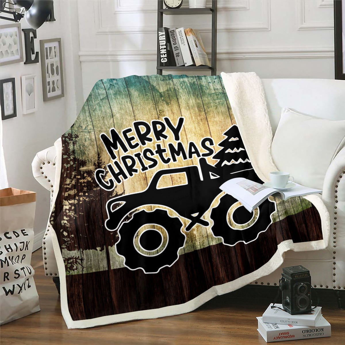 Christmas Truck Throw Blanket 90"x90",Construction Vehicle Christmas