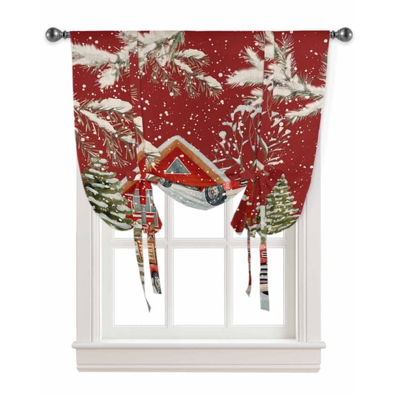 Christmas Truck Tie Up Curtains for Window, Red Watercolor Xmas Tree Snowflake Thermal Insulted Balloon Shade Adjustable Rod Pocket Curtains Valance Panels for Kitchen Bathroom Café 46 x 63