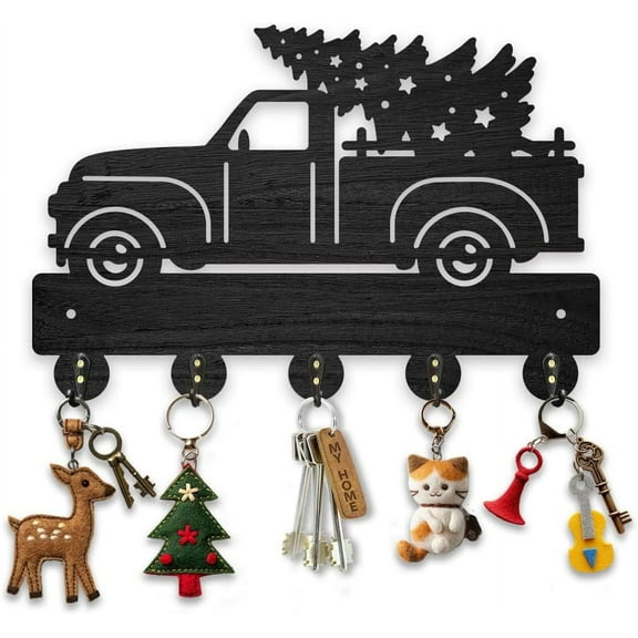 Christmas Truck Tree Coat Racks Wood Tree Star Key Holder Wall Mount 11.87.9inch Black Key Hooks Rack 5 Alloy Hooks Christmas Home Decor Gifts Entryway Kitchen Bathroom Storage Organizer DIY Truck