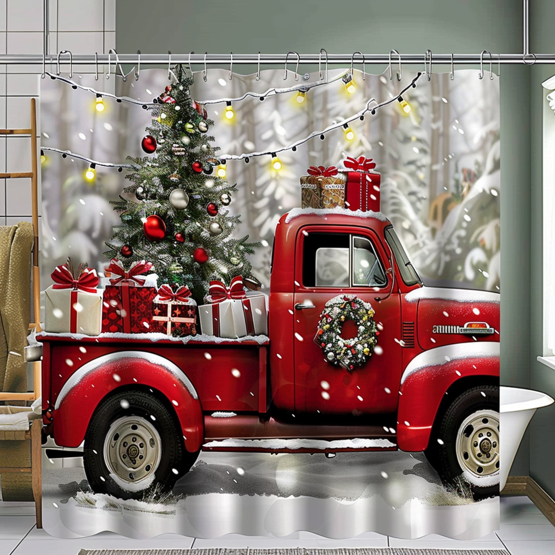 Christmas Truck & Tree Shower Curtain Festive Holiday Bathroom Decor