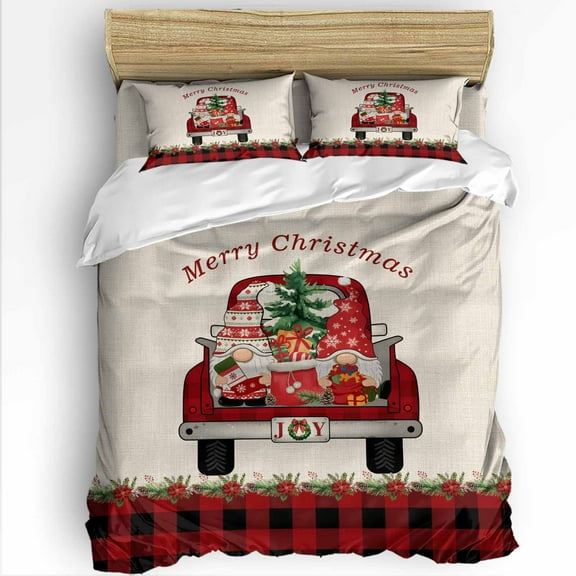 Christmas Truck Twin Size Comforter Set, Retro Xmas Gnome Poinsettia Leaf Line Plaid Soft Bedding for All Seasons, 4 Pcs Bed Set with 1 Comforter (68"x86") ,1Sheet(66"x116"), 2 Pillowcases (19"x29")