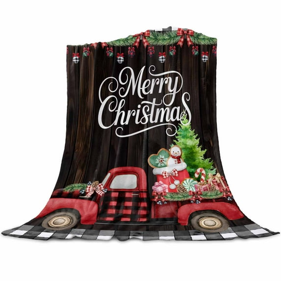 Christmas Trucks Flannel Blanket for Bed,Travel and Camping, Xmas Car Gifts Bow Retro Plaid Wood Grain Super Soft Cozy Blanket for All Seasons 60"x80"
