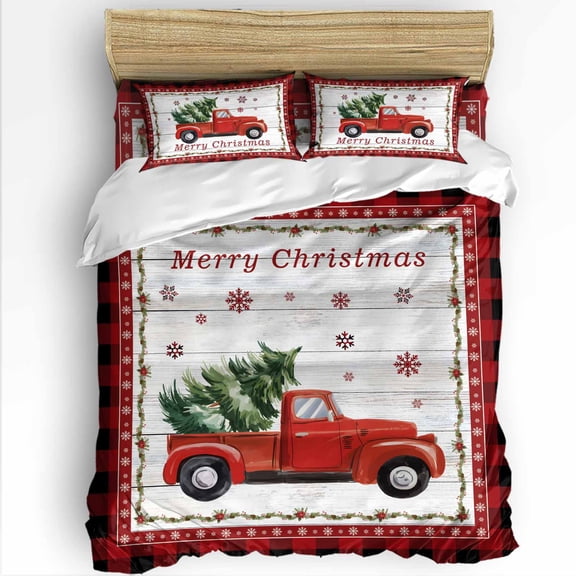 Christmas Trucks King Size Comforter Set, Xmas Tree Snowflakes Wood Grain Red Plaid Soft Bedding for All Seasons, 4 Pcs Bed Set with 1Comforter (90"x106") ,1 Sheet(94"x116"), 2 Pillowcases (19"x35")