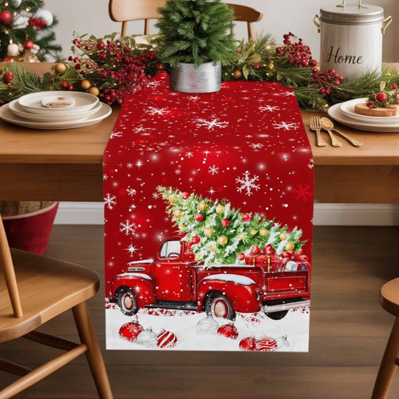 Christmas Trucks Pine Tree Snow Table Runner 13x90in Non-Slip Cotton Linen Table Runners, Xmas Ball Socks on Red Dresser Scarves TableRunner for Dinner Kitchen Dining Wedding Party