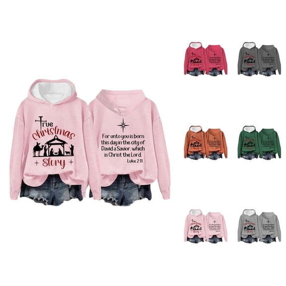 Christmas True Story Hoodies for Women 2025 Long Sleeve Christian Hooded Sweatshirt Pullover Tops