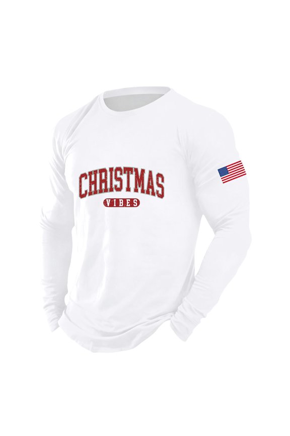 Christmas Tshirt Men Long Sleeve Christmas Letter Flag Graphic Pajamas Tee Crew Neck Casual Soft Relaxed Family Xmas Gift Mens T-Shirts ZC White XXL