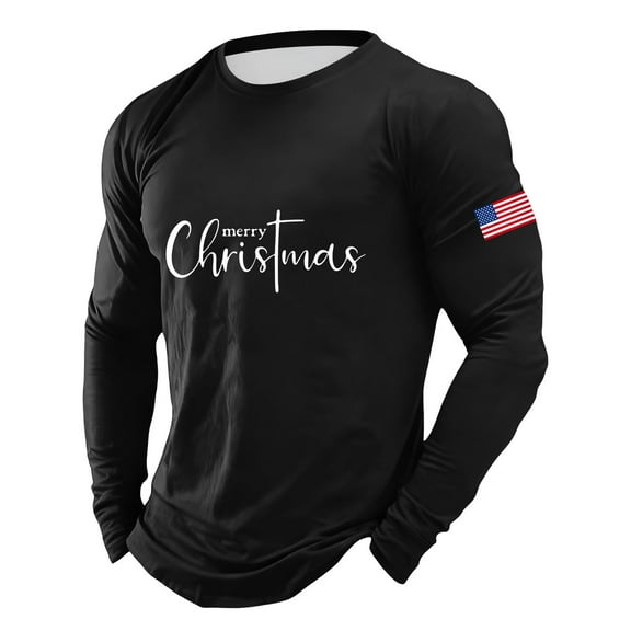 Christmas Tshirt Men Long Sleeve Merry Christmas Letter Flag Print Pajamas Tee Crew Neck Casual Soft Relaxed Family Xmas Gift Graphic Mens T-Shirts ZB Black XXL
