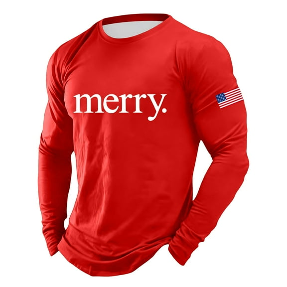 Christmas Tshirt Men Long Sleeve Merry Letter Flag Christmas Tree Graphic Pajamas Tees Crew Neck Soft Slim Fit Casual Xmas Tshirt Mens Family Gift ZA Red XXXXL