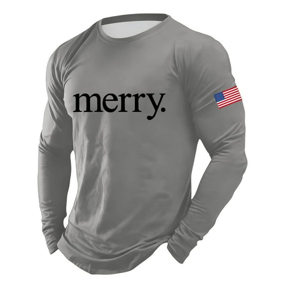 Christmas Tshirt Men Long Sleeve Merry Letter Flag Christmas Tree Graphic Pajamas Tees Crew Neck Soft Slim Fit Casual Xmas Tshirt Mens Family Gift ZA Grey XXXL