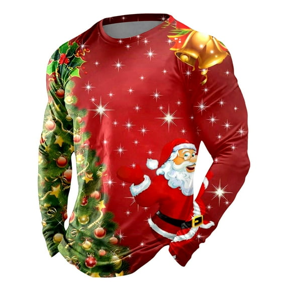 Christmas Tshirt Men Long Sleeve Plaid Christmas Tree Graphic Pajamas Tee Crew Neck Casual Fall Winter Holiday Family Xmas Gift Mens Shirts ZC Red XXL