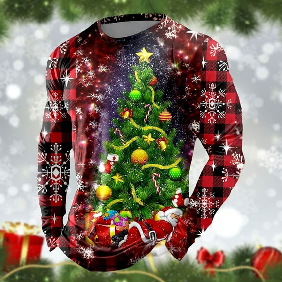 Christmas Tshirt Men Long Sleeve Plaid Christmas Tree Graphic Pajamas Tee Crew Neck Casual Fall Winter Holiday Family Xmas Gift Mens T-Shirts Red XXL