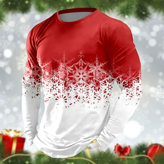 Christmas Tshirt Men Long Sleeve Star Christmas Tree Graphic Pajamas Tee Crew Neck Slim Fit Casual Fall Winter Family Xmas Gift Mens Shirts ZC Red XL