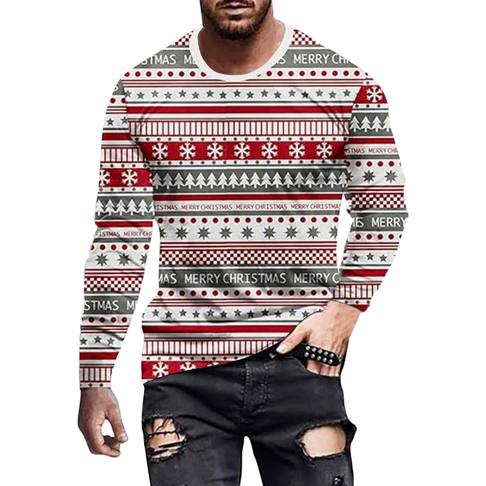 Christmas Tshirt Men Long Sleeve Vintage Snowflake Graphic Pajamas Tee ...
