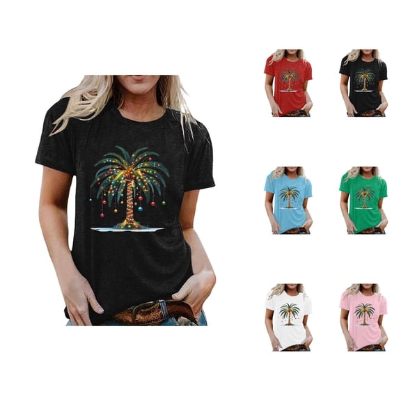 Christmas Tshirt Shirts for Women 2025 Short Sleeve Crewneck Holiday Coconut Tree Graphic Tees