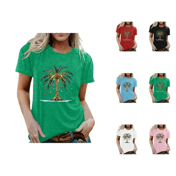 Christmas Tshirt Shirts for Women 2025 Short Sleeve Crewneck Holiday Coconut Tree Graphic Tees