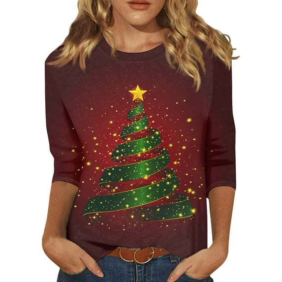 Christmas Tshirt Women - Crewneck 3/4 Sleeve Christmas Tree Women Tops 00D Wine