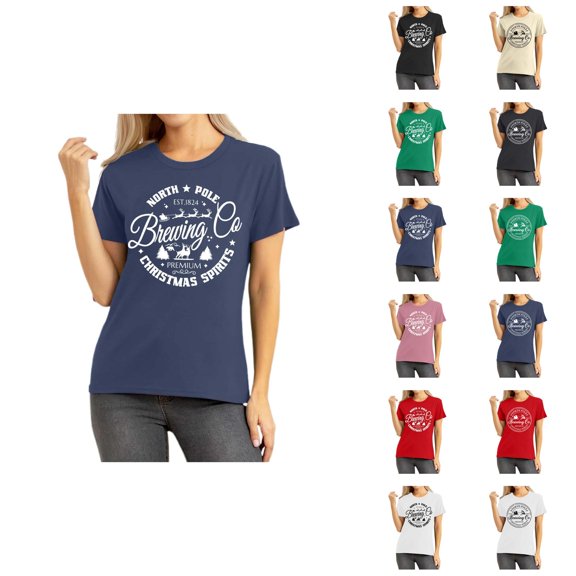 Christmas Tshirt for Women 2025 Short Sleeve Crewneck North Pole Brewing Co Graphic Tees Blouse Tops