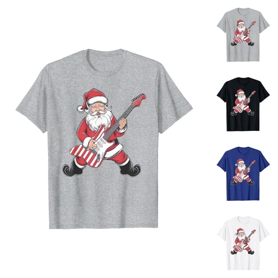 Christmas Tshirts Women Short Sleeve Casual Crewneck Funny Santa Claus Playing The Guitar Graphic Tee Shirt Holiday Tops