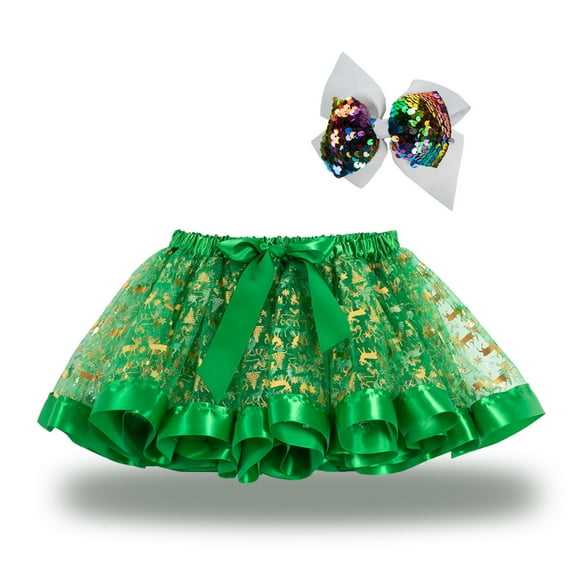 Christmas Tulle Skirts Toddler Girls Tie Elastic Waist Printed Puffy Ruffle Tutu Skirt Bow Girl's Festival Outfits, Green, L