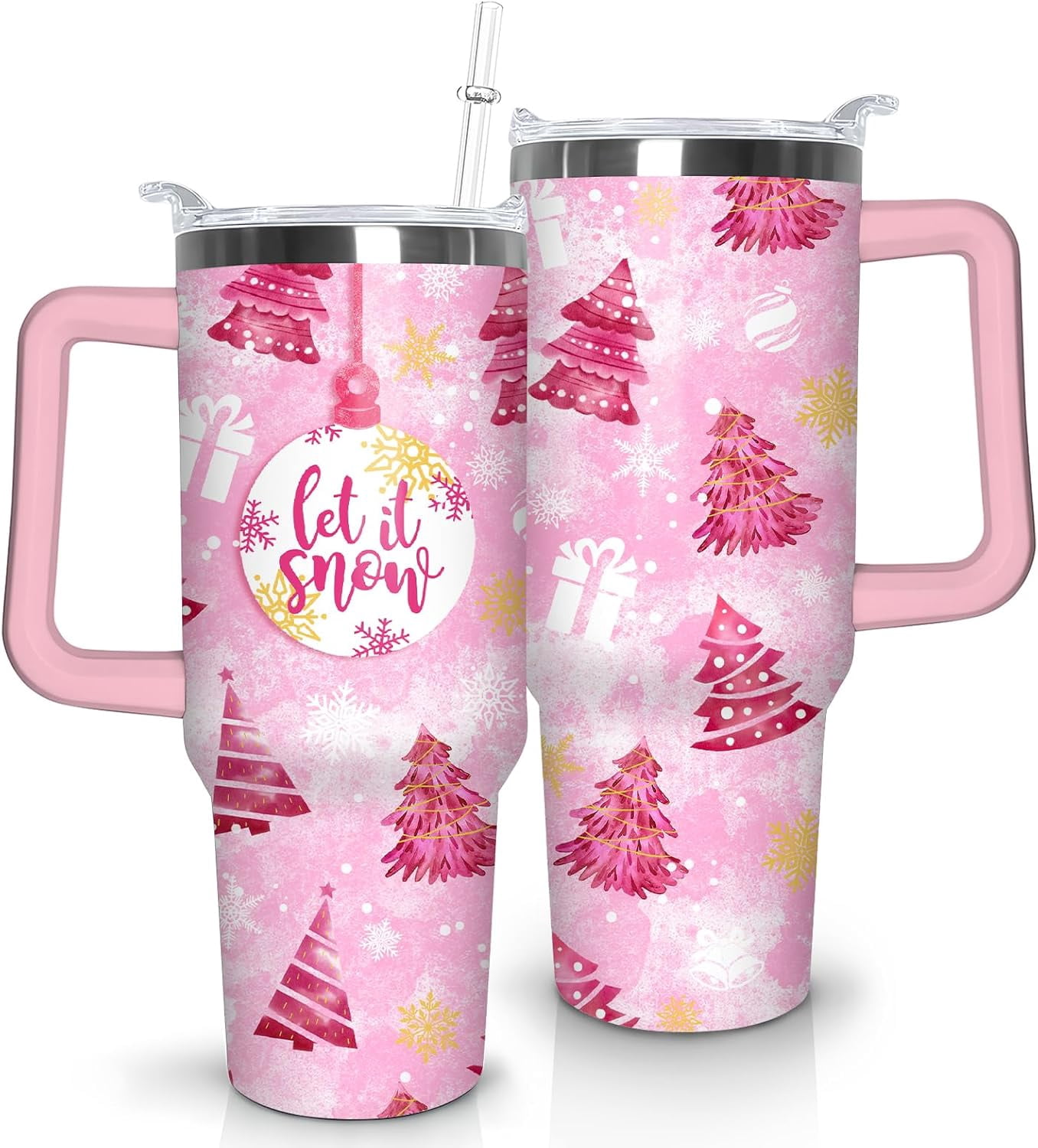 Christmas Tumbler 40 oz Christmas Tumblers with Handle and Straw Pink Christmas Tree Stainless Steel Insulated Coffee Cups Mugs Christmas Gifts Stuff Decor for Women Girls